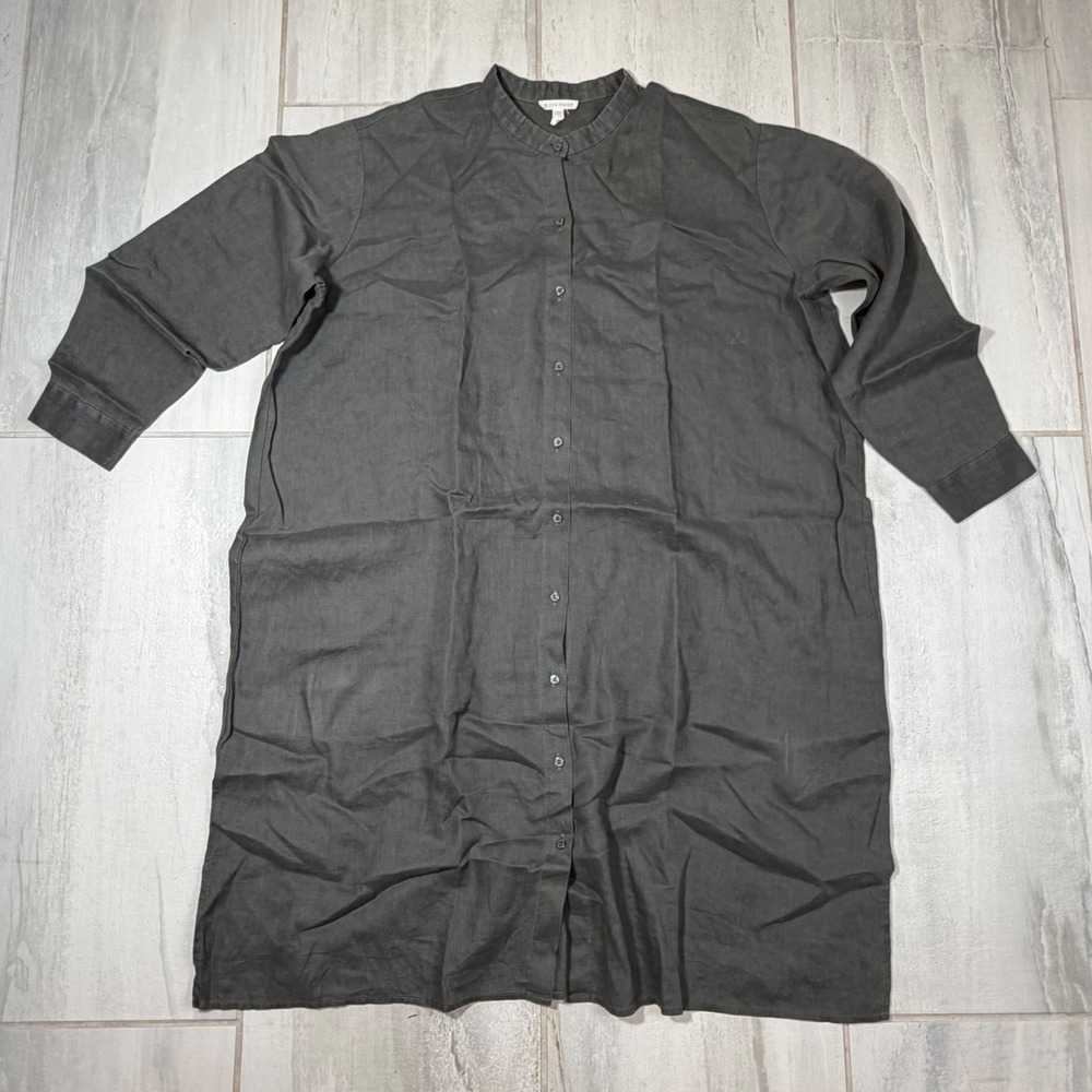 Eileen Fisher Organic Linen Mandarin Collar Button Down Shirt Dress Grey XL